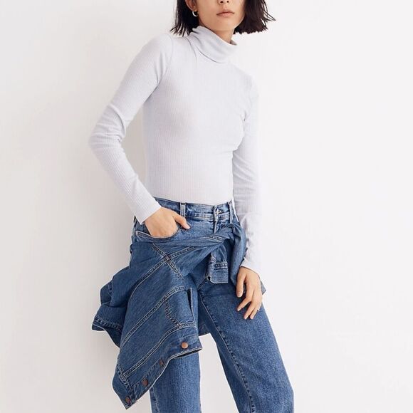 Madewell Ribbed Turtleneck Top Long Sleeves Medium Light Blue NEW - Picture 1 of 9